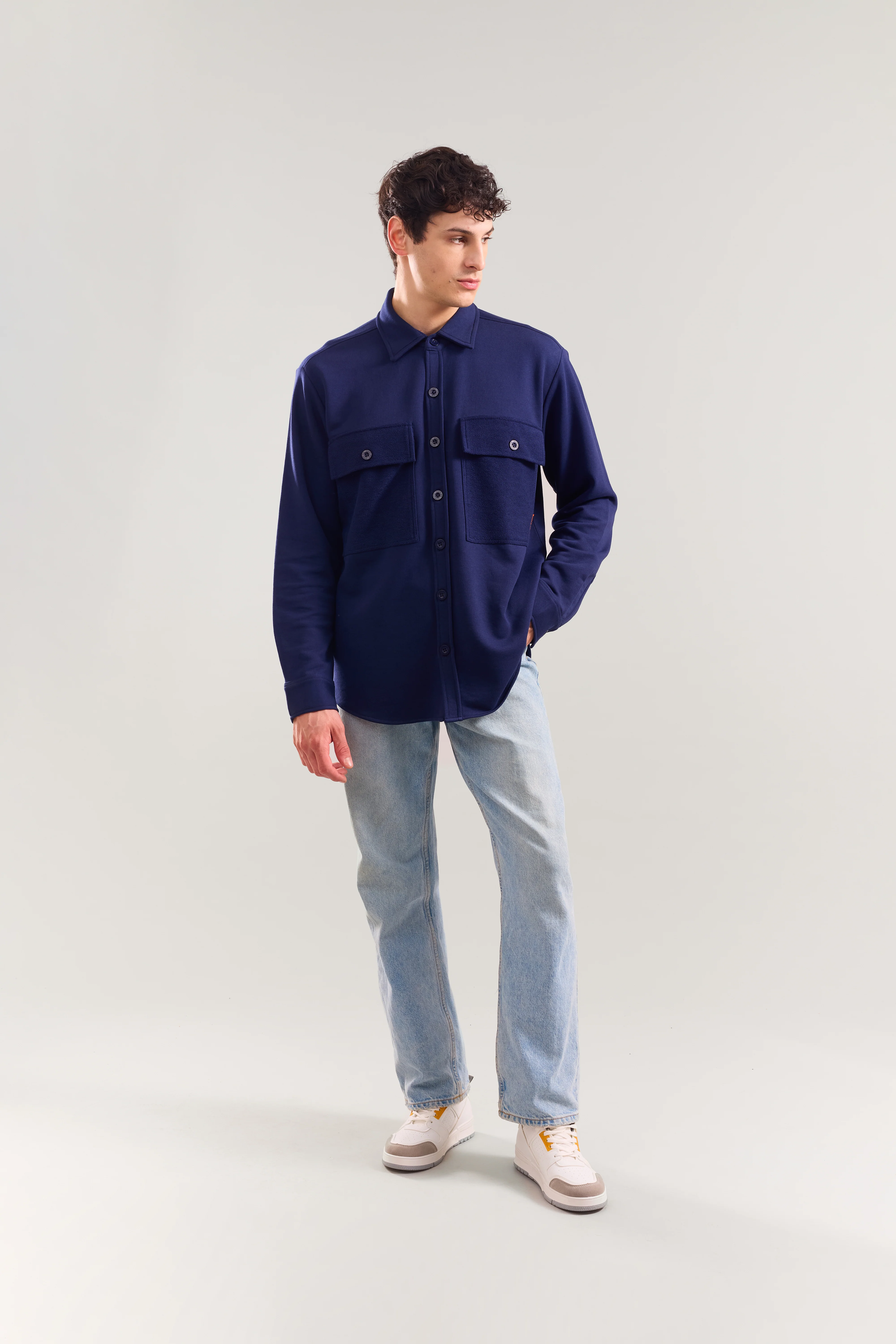 Heavy Weight Navy terry patch pocket full sleeve shirt - Image 3