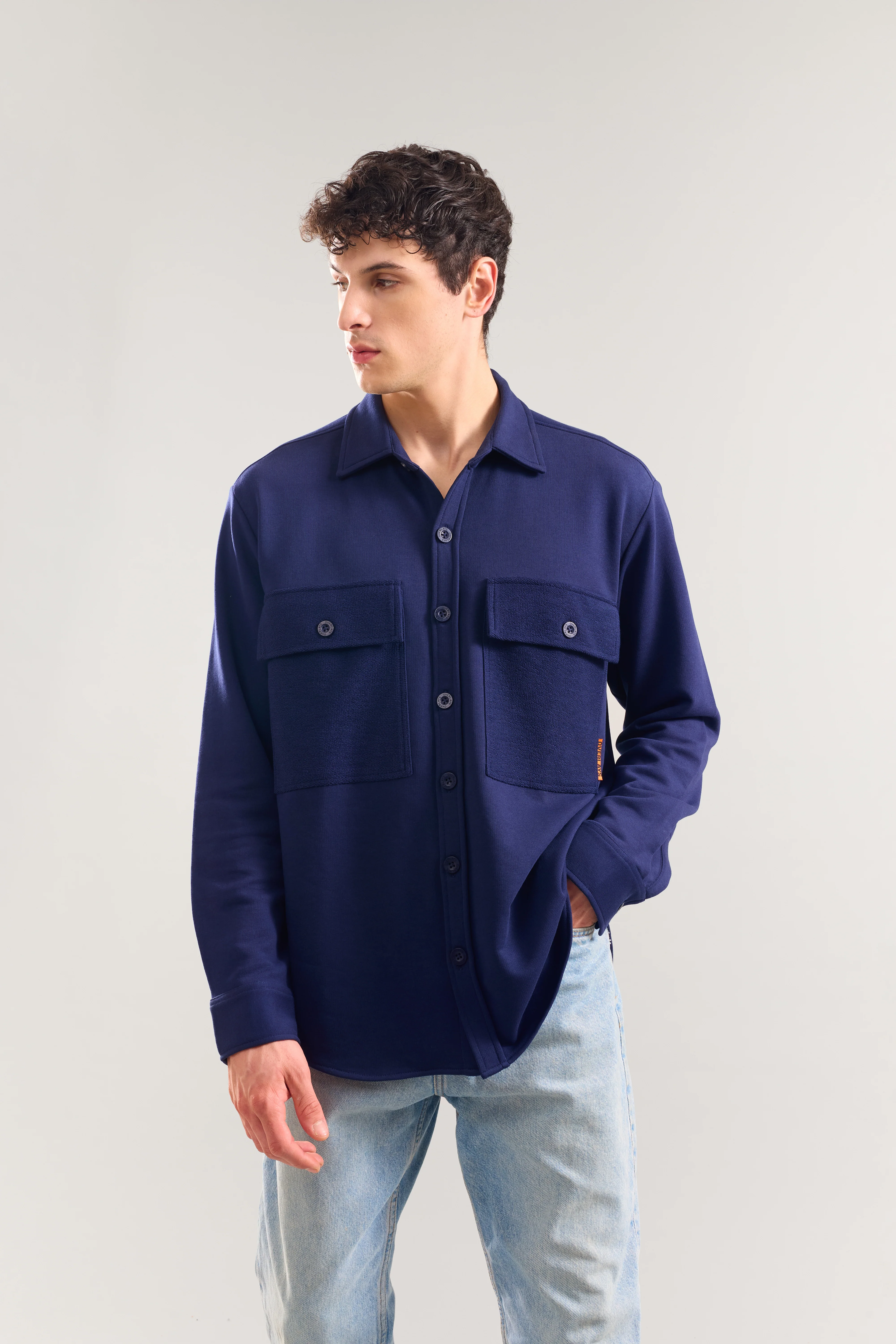 Heavy Weight Navy terry patch pocket full sleeve shirt - Image 7