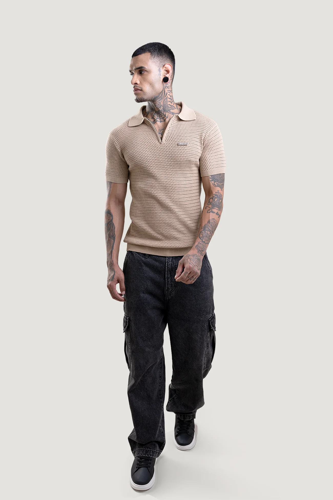 Honey Combe Beige Textured Polo T-Shirt - Image 4