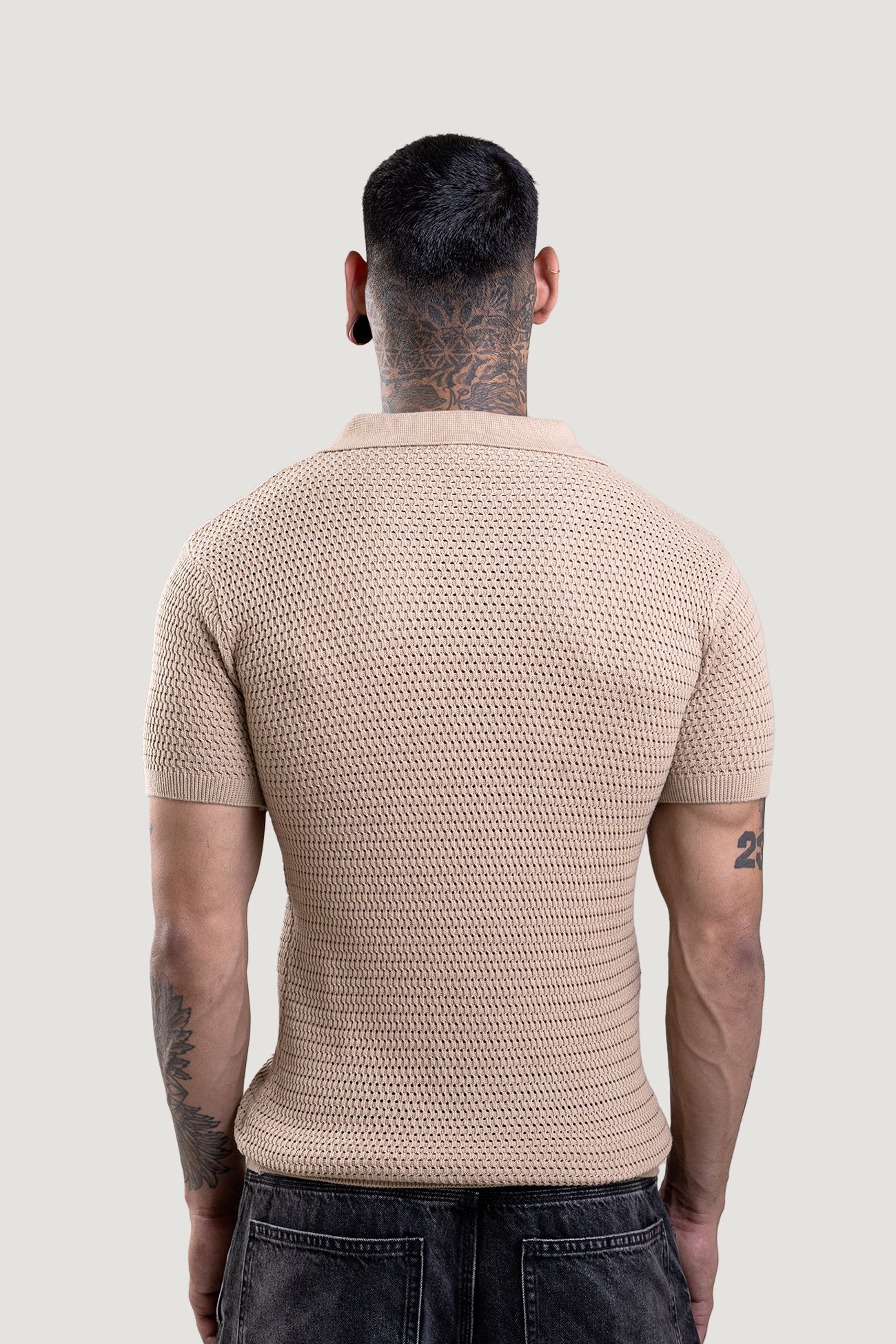 Honey Combe Beige Textured Polo T-Shirt - Image 6