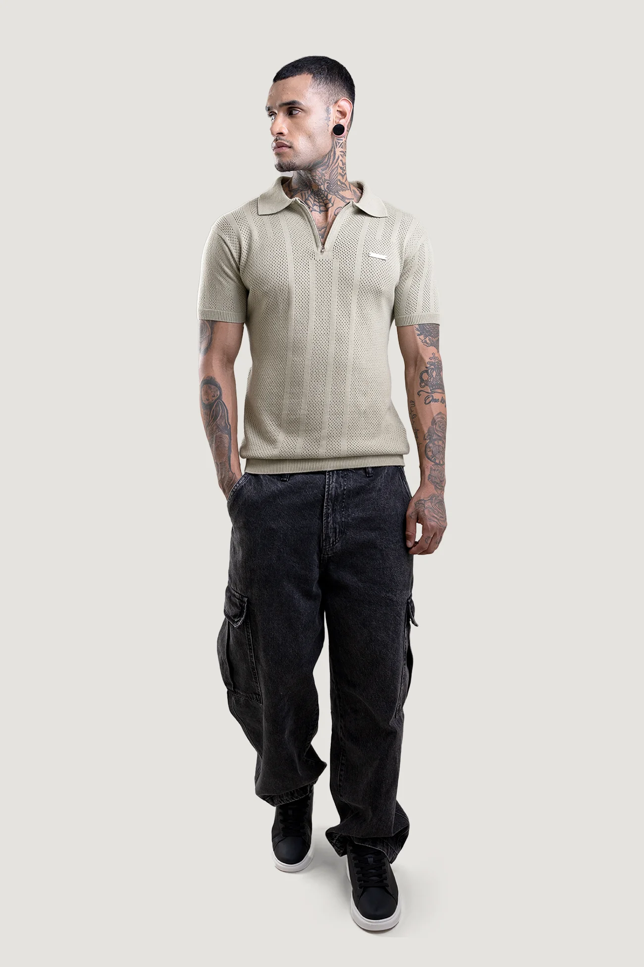 Sage Green Textured Polo T-Shirt - Image 6
