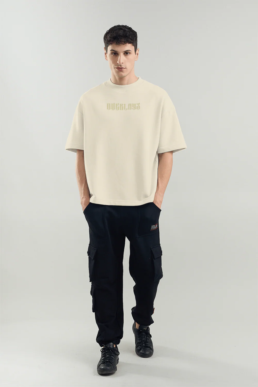 Gold Shield Wings Embroidered Beige Oversized Fit T-Shirt - Image 5