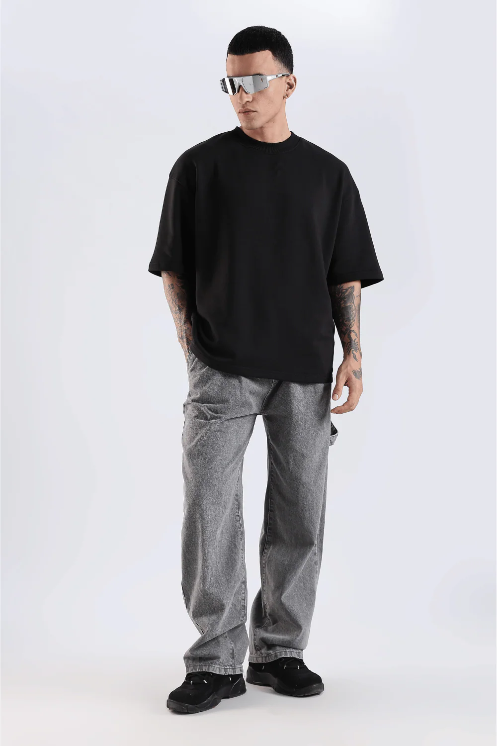 Silver Shield Wings Embroidered Black Oversized Fit T-Shirt - Image 5