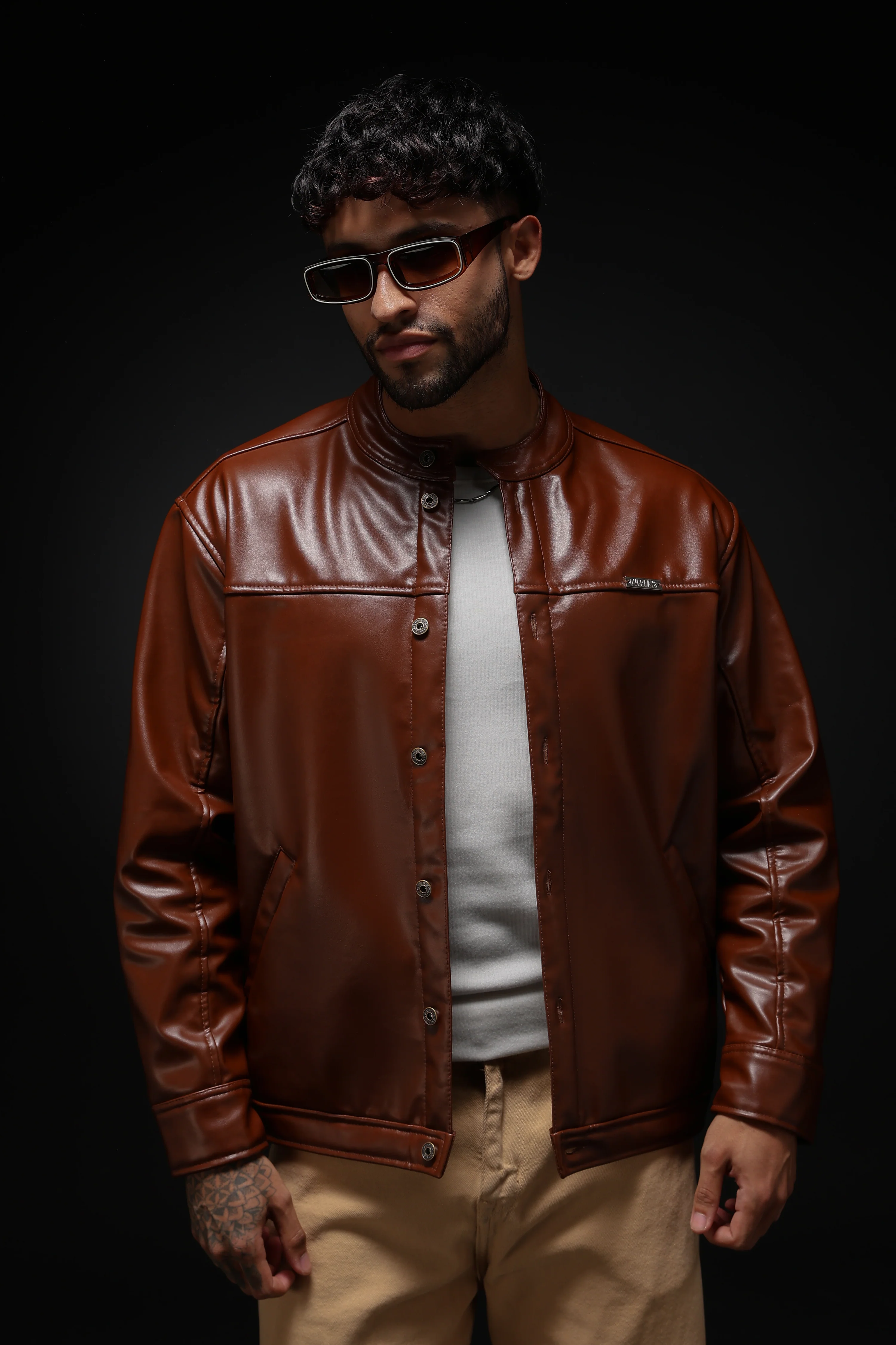 Tan Miler Faux Leather Jacket - Image 15